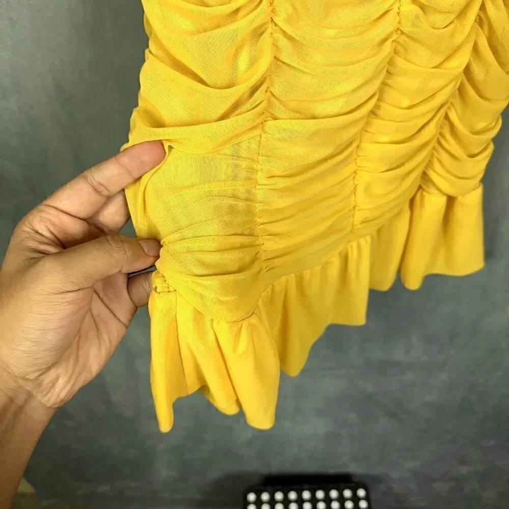 LULUS Dress Womens Size L Mustard Yellow Ruched Off-the-Shoulder Bodycon - Picture 9 of 12